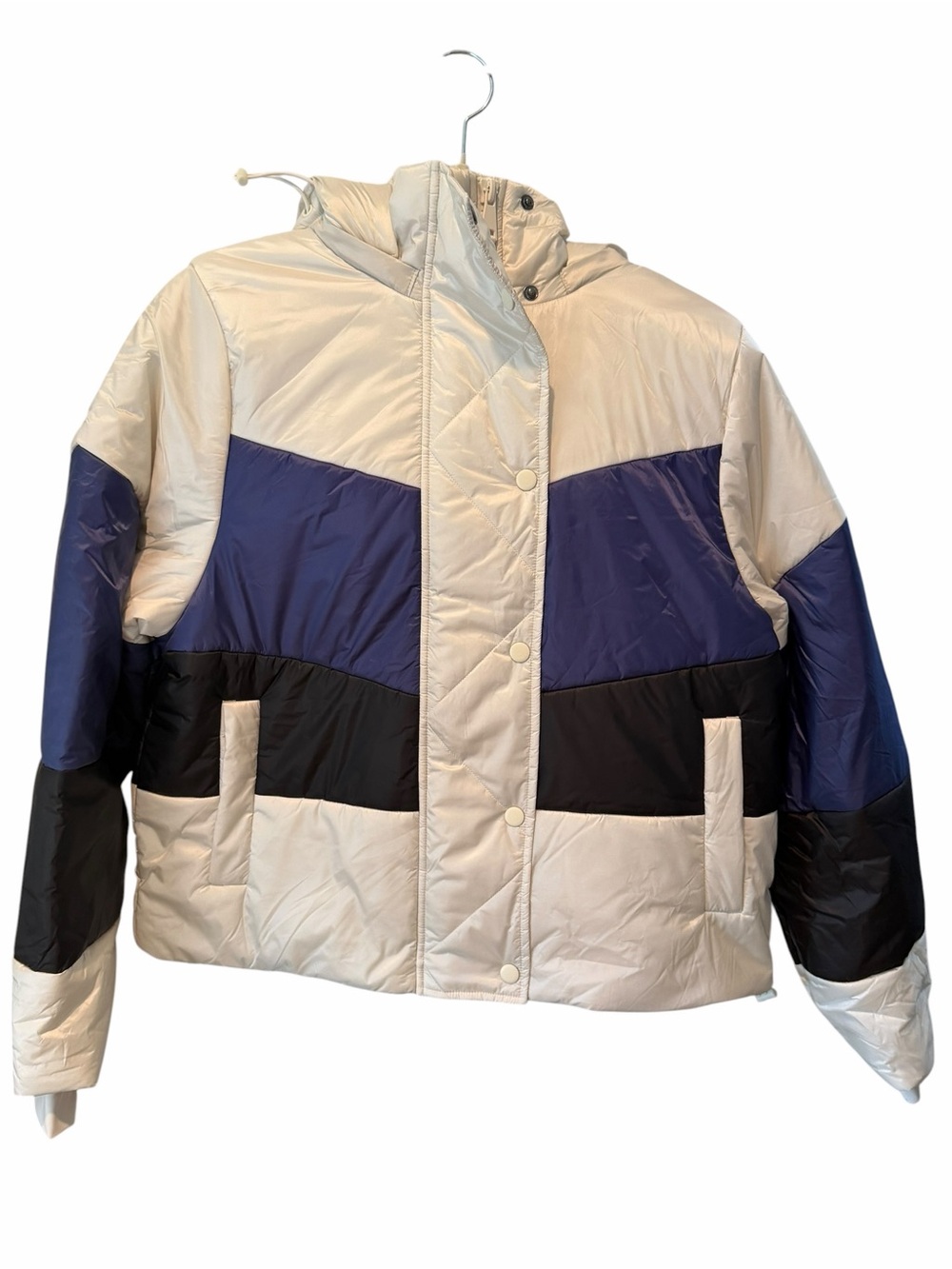 Spiritual Gangster Aero Colorblock Puffer Jacket Small NWT Cream Blue Black